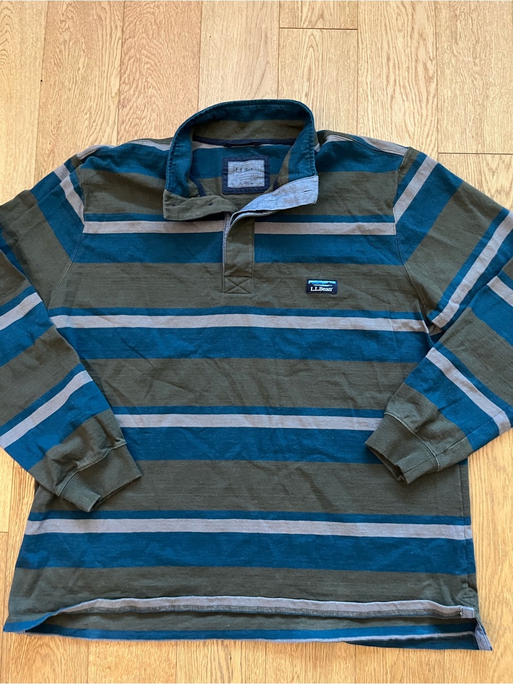 LL Bean Rugby Shirt Mens XL Green Blue Striped Long Sleeve Cotton Mountain Logo